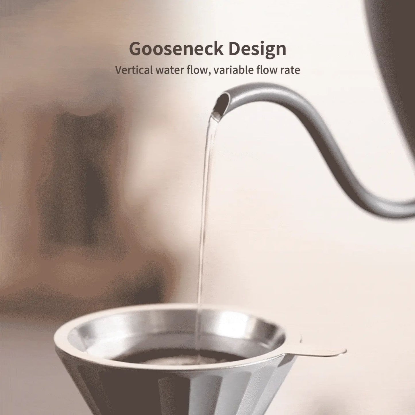 Buydeem gooseneck kettle precise water flow pouring into coffee dripper, vertical flow, variable rate design for ideal brewing control