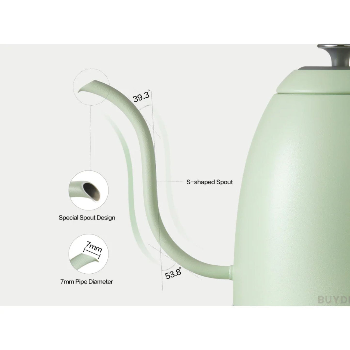 Buydeem kettle S-shaped gooseneck spout with 7mm pipe diameter, special angled design for precise vertical water flow and optimal pouring control