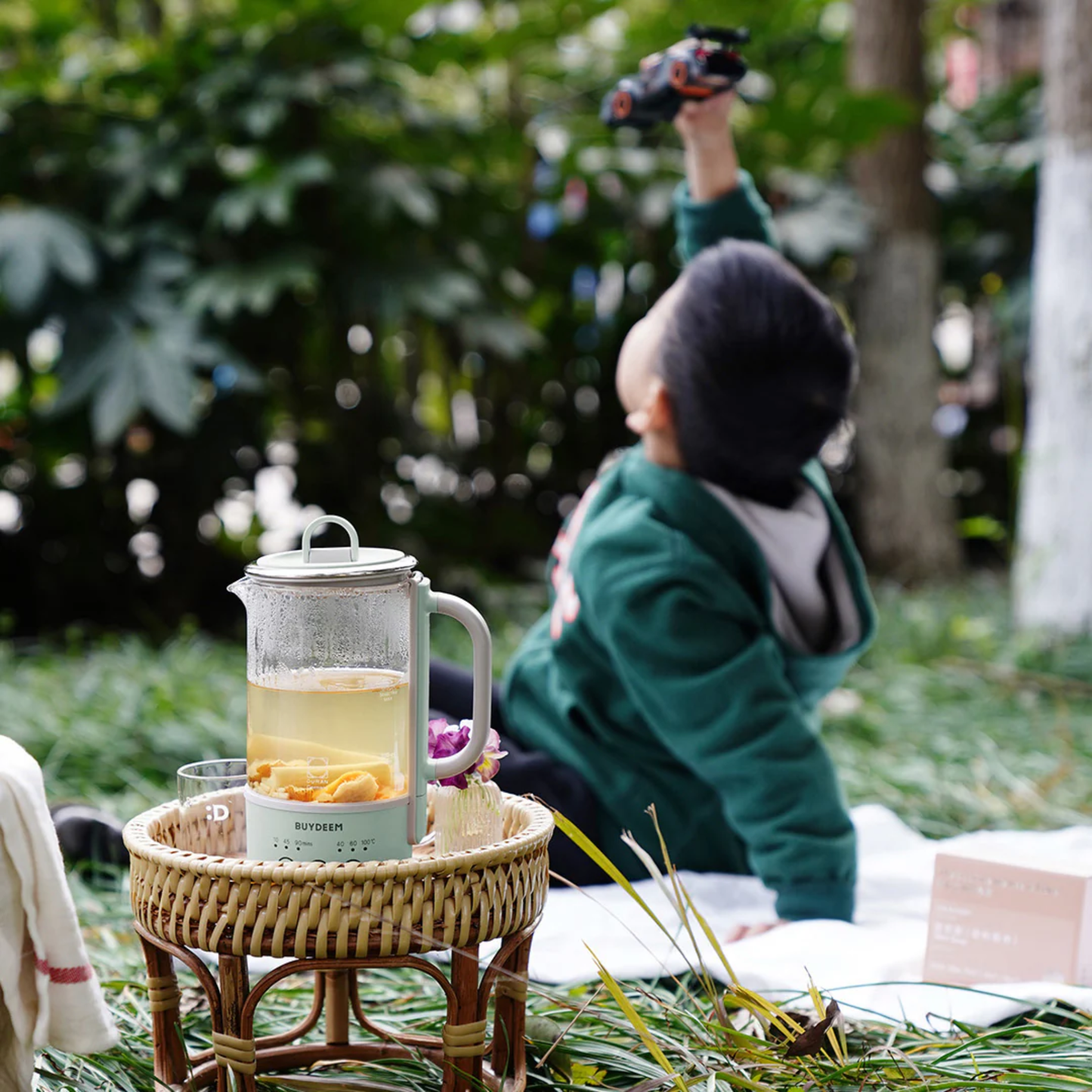 Buydeem Mini Health Pot Kettle Cooker at outdoor picnic, portable electric glass kettle for healthy drinks on the go