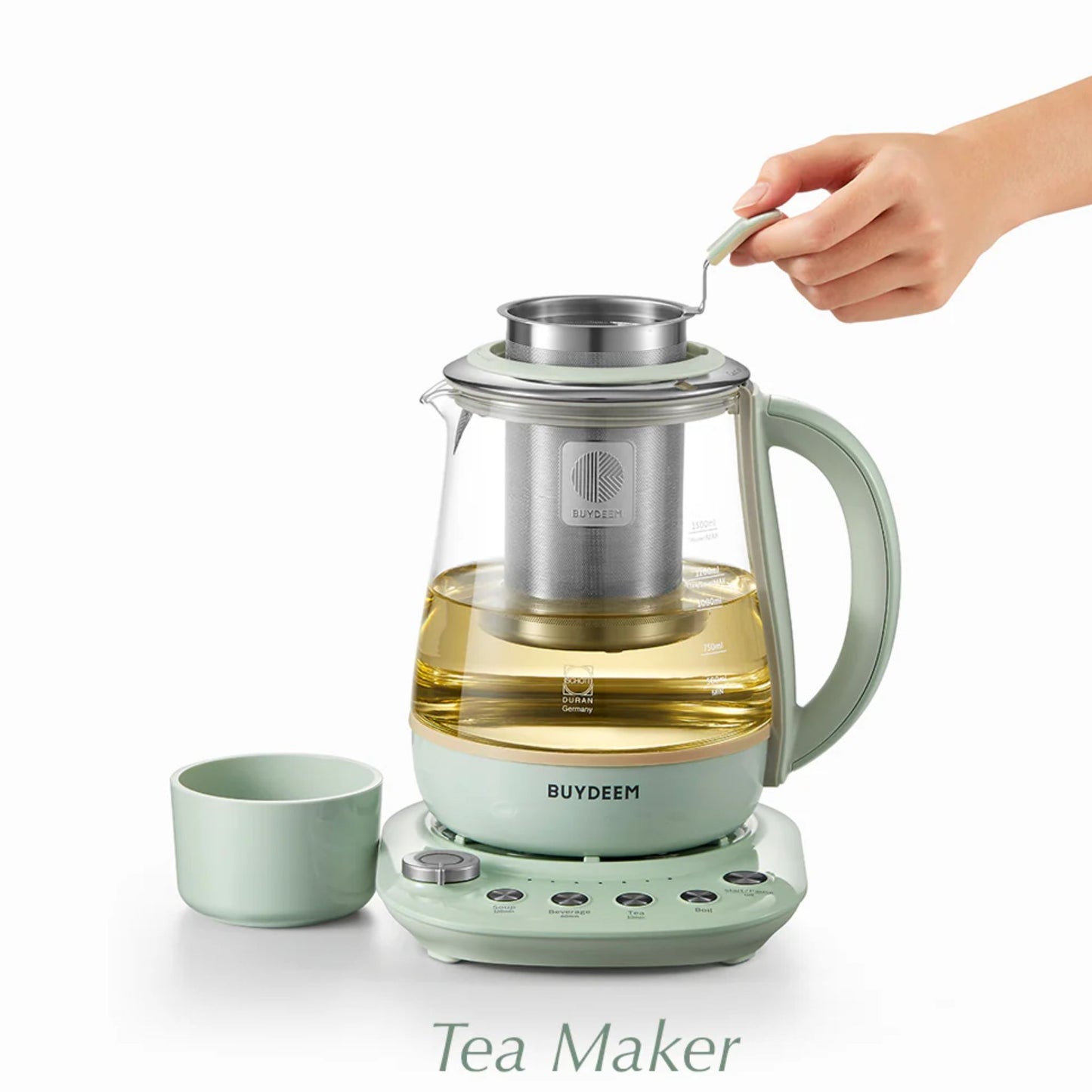 Buydeem Multi-Functional 4-in-1 Health Pot tea maker with lift-out stainless steel basket and German Schott glass brewing herbal tea