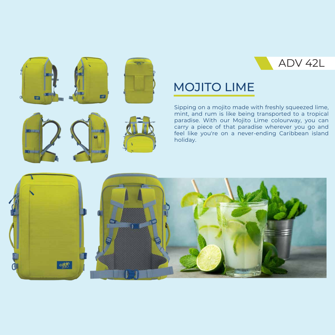 CabinZero ADV 42L Adventure Cabin Bag in Mojito Lime, shown in multiple angles with travel and mint lime drink theme, durable adventure backpack for tropical holidays, available at Ideale Lifestyle"