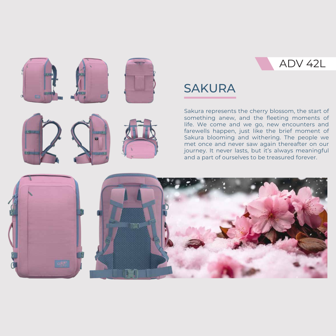 CabinZero ADV 42L Adventure Cabin Bag in Sakura pink, multi-angle product view with cherry blossom flower background, stylish Japanese-inspired travel backpack, available at Ideale Lifestyle