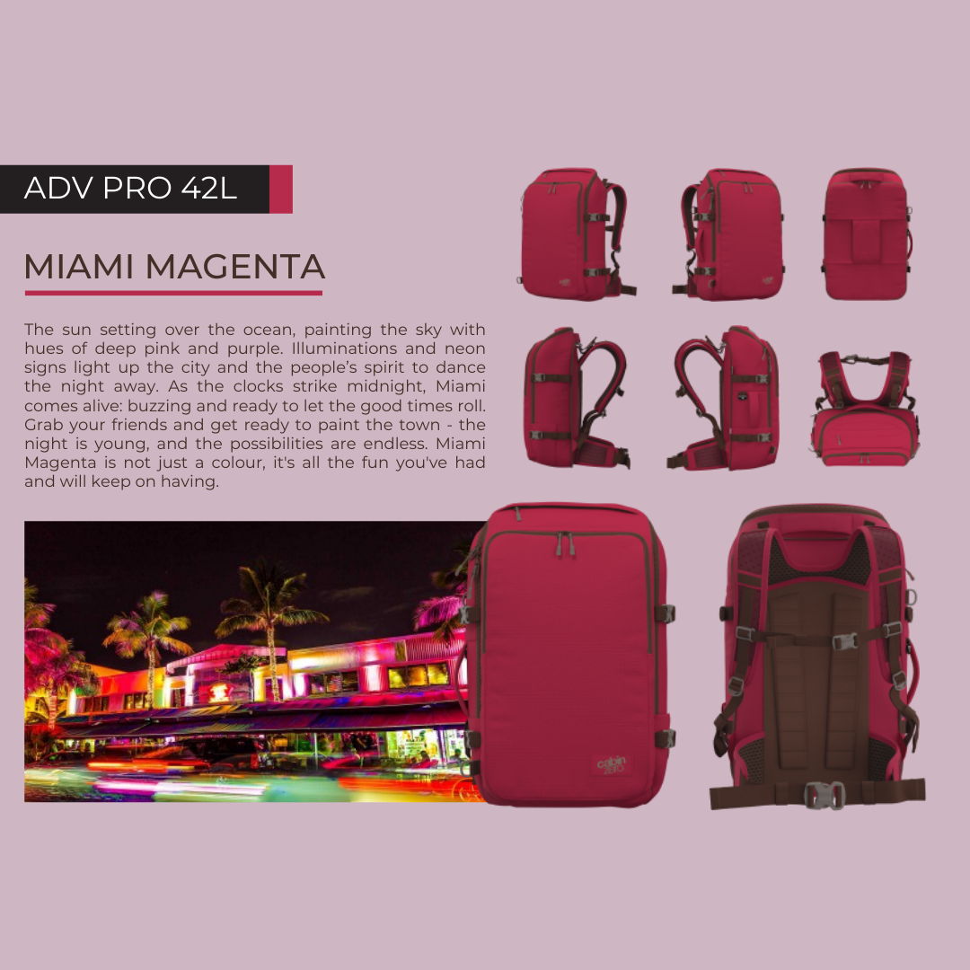 CabinZero ADV Pro 42L Adventure Cabin Bag in Miami Magenta, shown from several angles and inspired by lively pink and purple neon city nights and endless possibilities
