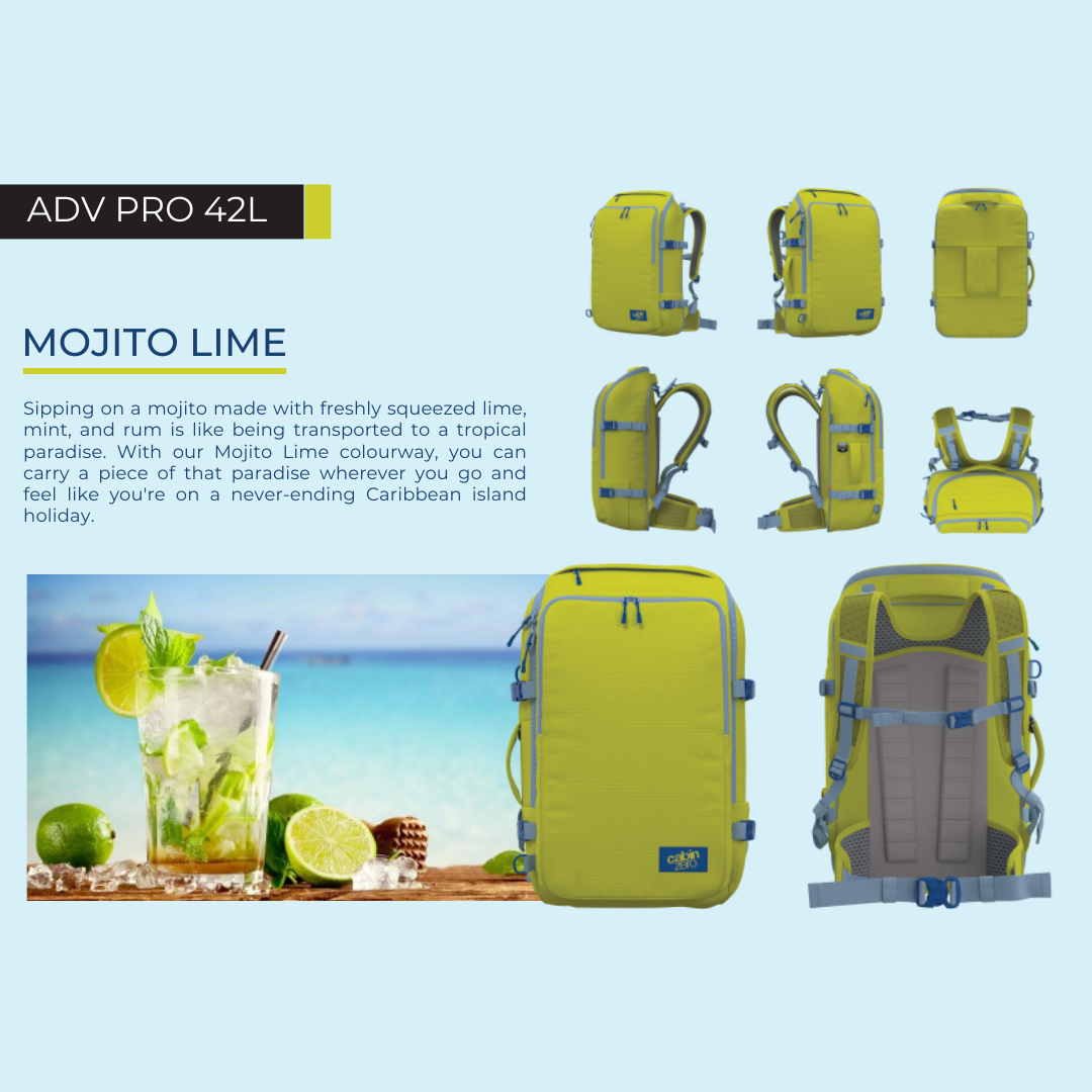 CabinZero ADV Pro 42L Adventure Cabin Bag in Mojito Lime color, shown in multiple views and inspired by tropical lime, mint, and rum for a Caribbean holiday vibe
