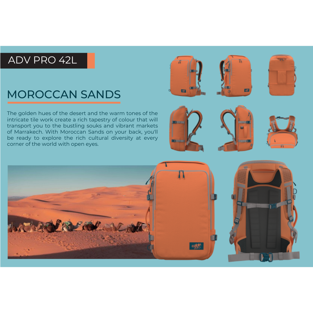 CabinZero ADV Pro 42L Adventure Cabin Bag in Moroccan Sands, displayed from multiple angles with desert background, inspired by Moroccan markets and golden sand colors.