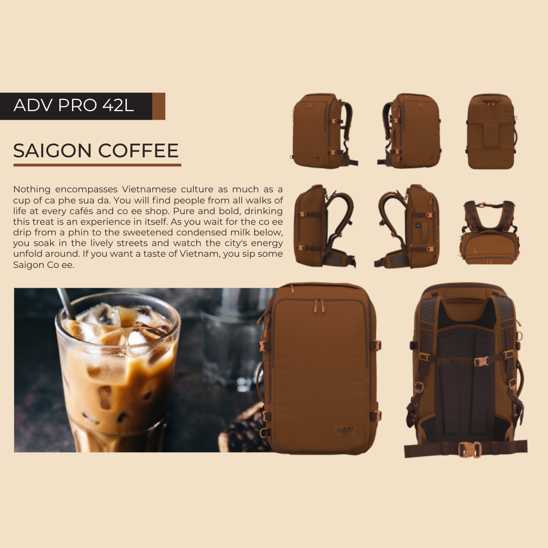CabinZero ADV Pro 42L Adventure Cabin Bag in Saigon Coffee, shown from multiple angles and inspired by Vietnamese iced coffee culture, perfect for travel and adventure.