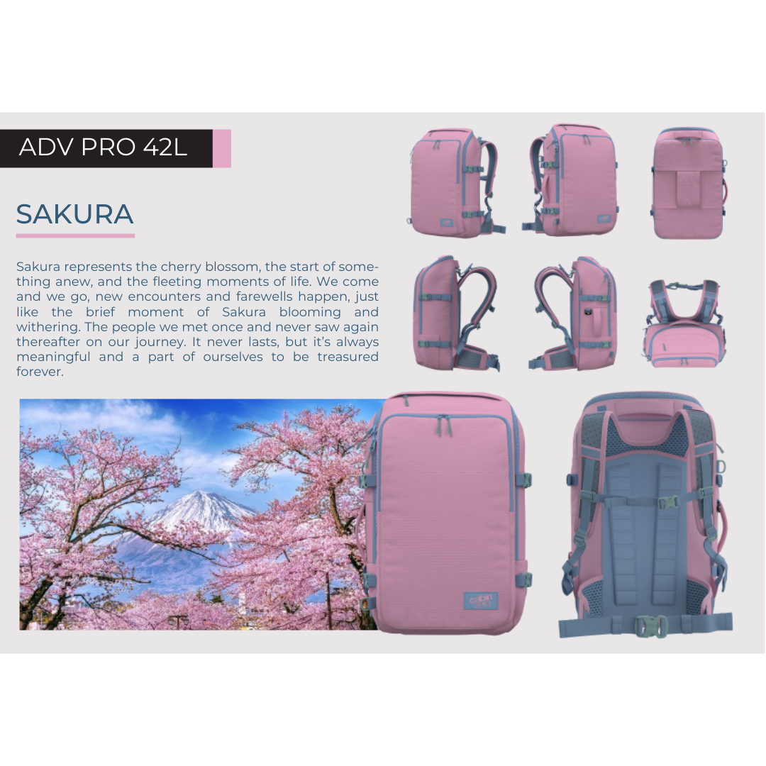 CabinZero ADV Pro 42L Adventure Cabin Bag in Sakura pink, shown from multiple angles with cherry blossom and Mount Fuji background, inspired by the beauty of Japanese sakura.