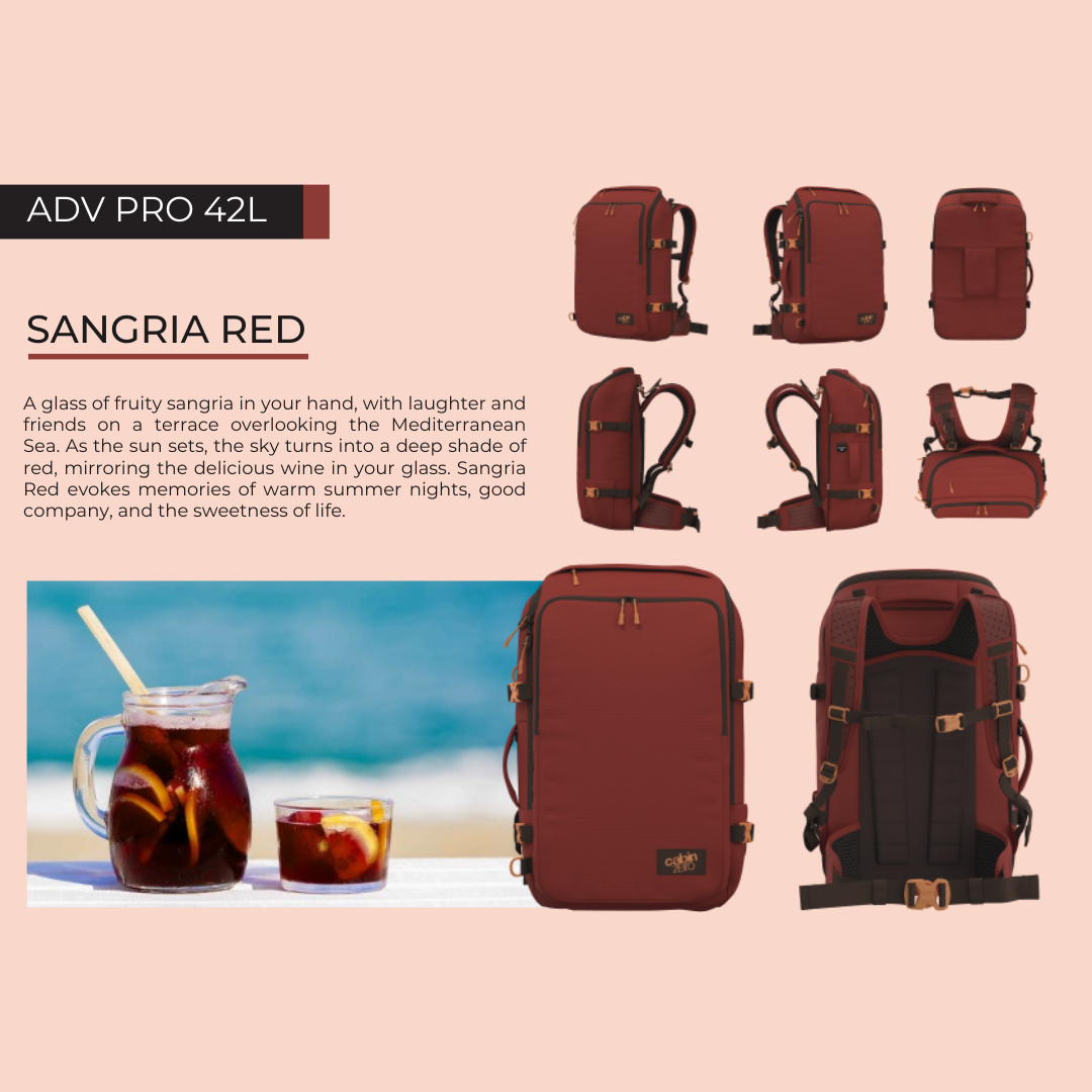 CabinZero ADV Pro 42L Adventure Cabin Bag in Sangria Red, shown from multiple angles and inspired by Mediterranean sunsets and the fruity color of sangria for warm summer adventures.