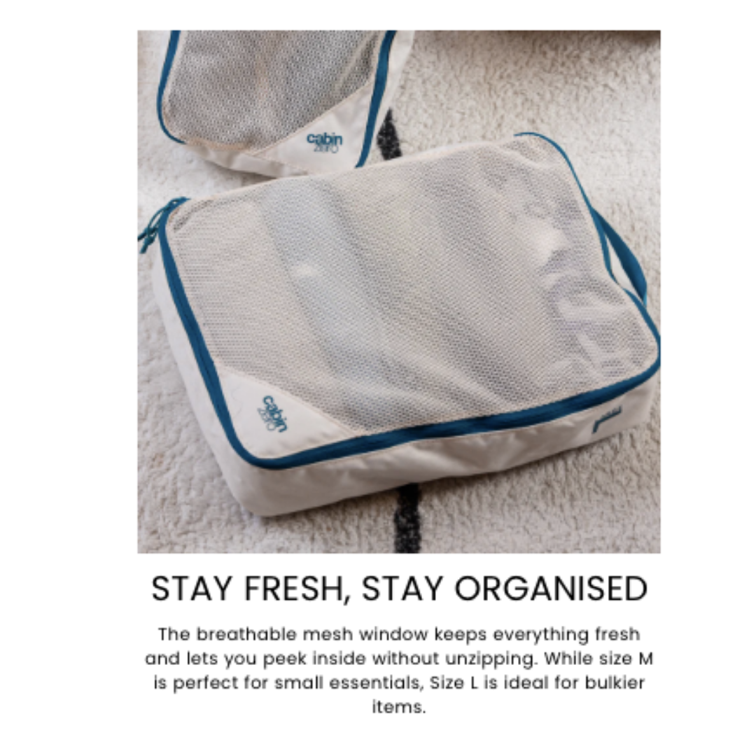 CabinZero CLASSIC PACKING CUBE Large Oyster White with mesh window—breathable, easy-to-organize packing cube for bulky essentials and fresh travel packing