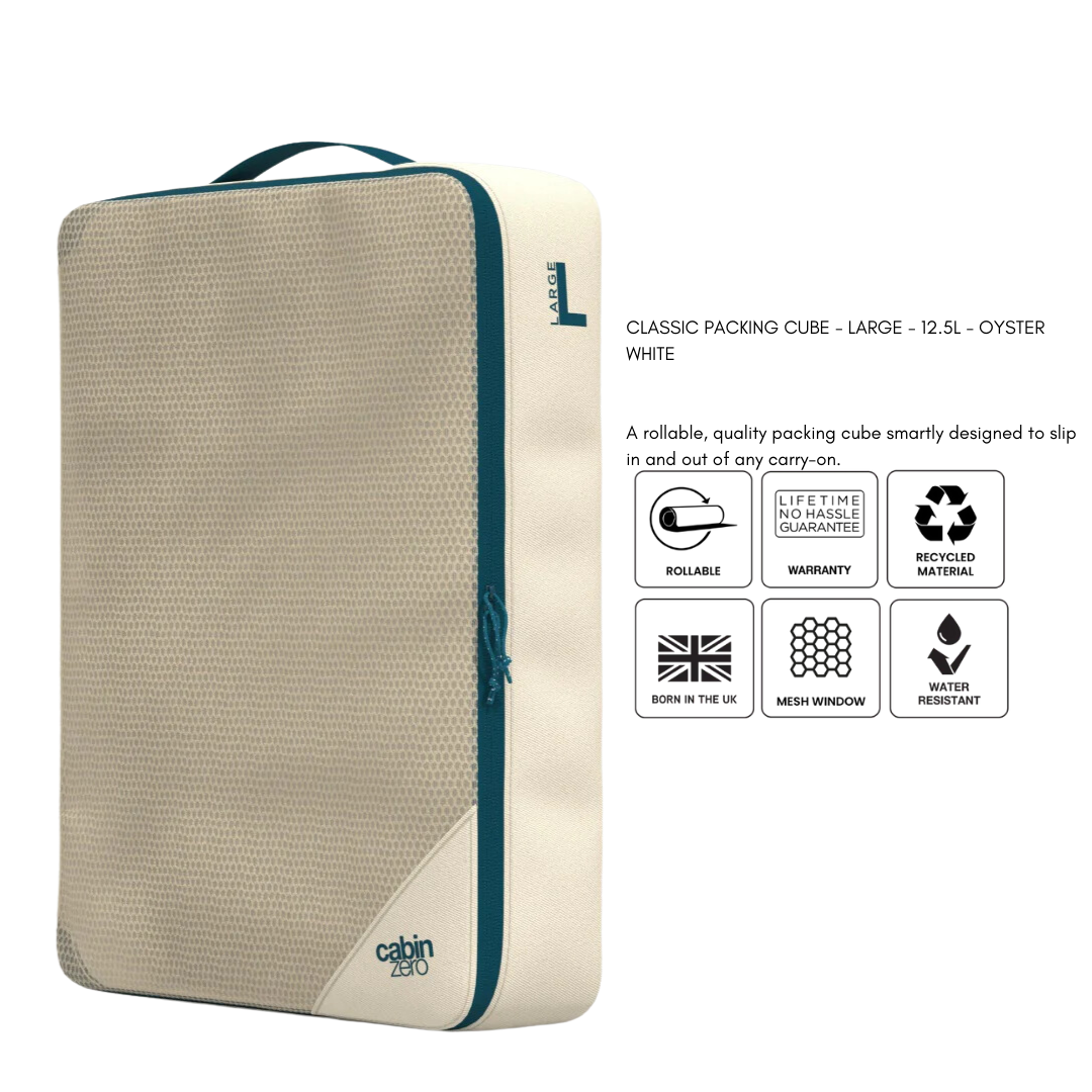 CabinZero CLASSIC PACKING CUBE Large Oyster White—rollable, water-resistant, recycled material, mesh window, smart carry-on organizer for travel.