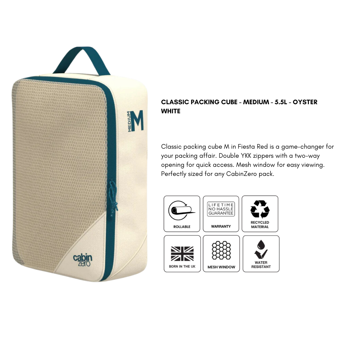 CabinZero CLASSIC PACKING CUBE Medium Oyster White—rollable, mesh window, recycled material, water-resistant organizer with YKK zippers for efficient packing.