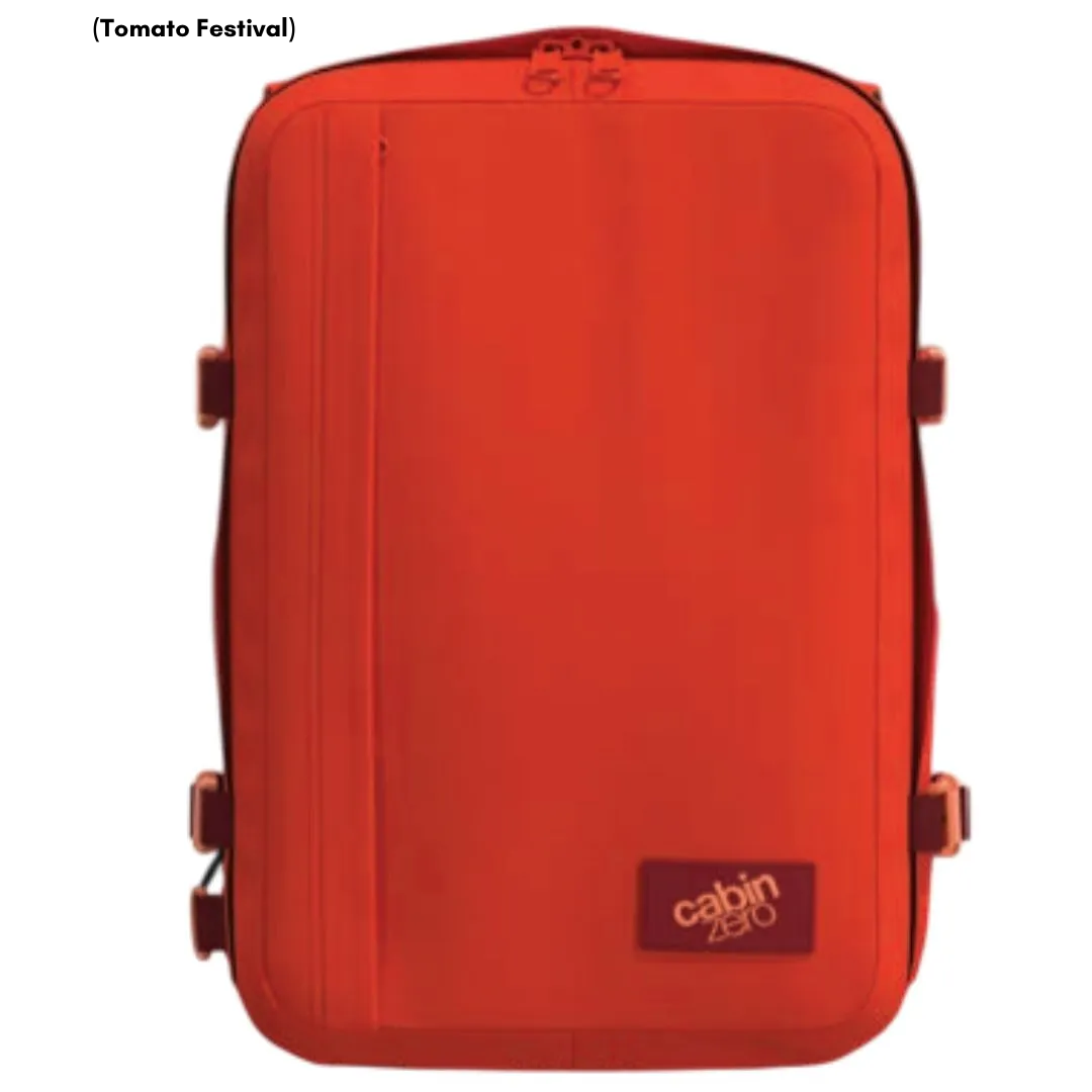 CabinZero Classic Plus 42L travel cabin bag in Tomato Festival, vibrant carry-on backpack for travel and adventure