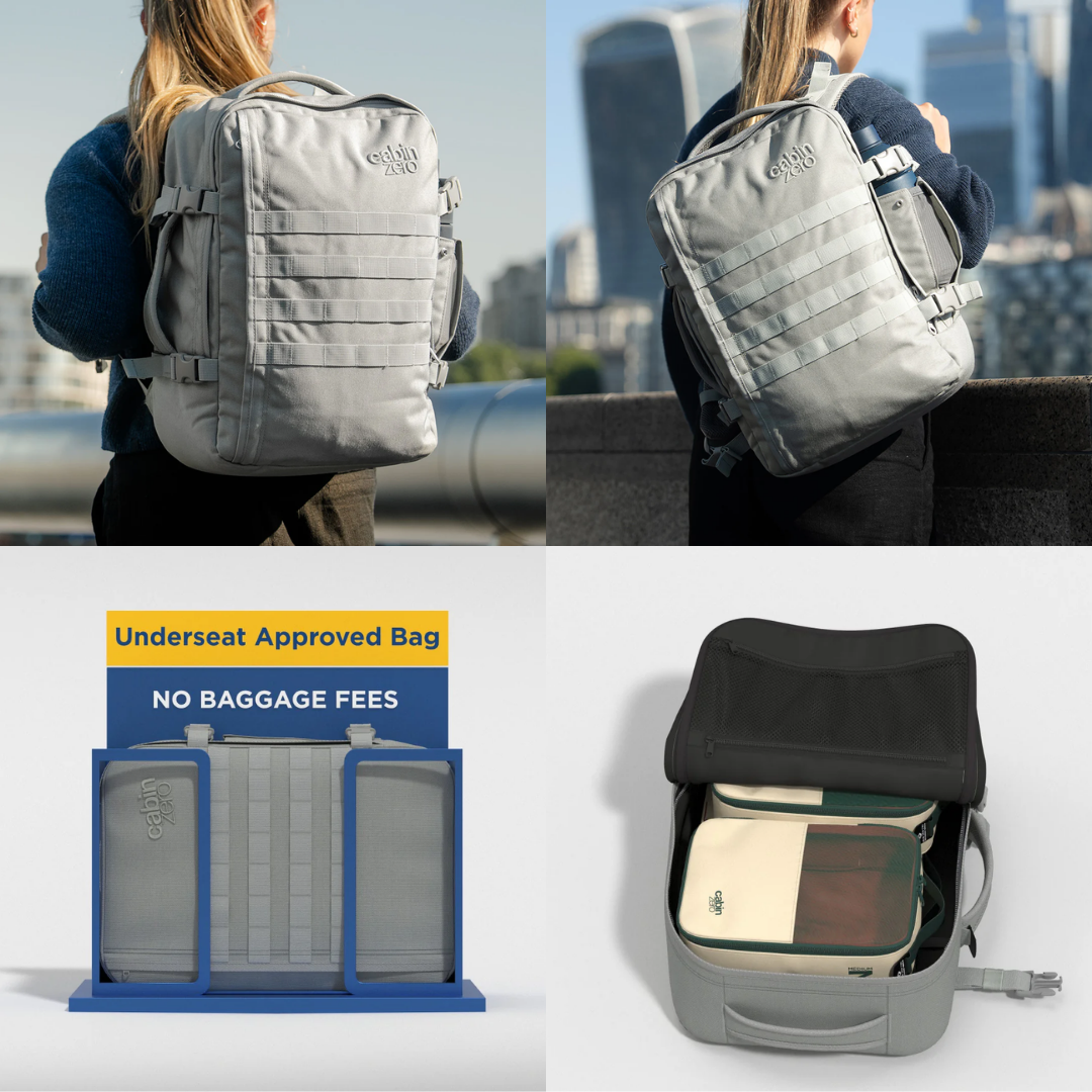 CabinZero Military 36L backpack in Frosty Morning color, shown in urban travel use, underseat airline size check, and open for organized packing with travel cubes, ideal tactical water-resistant carry-on for city and adventure travelers