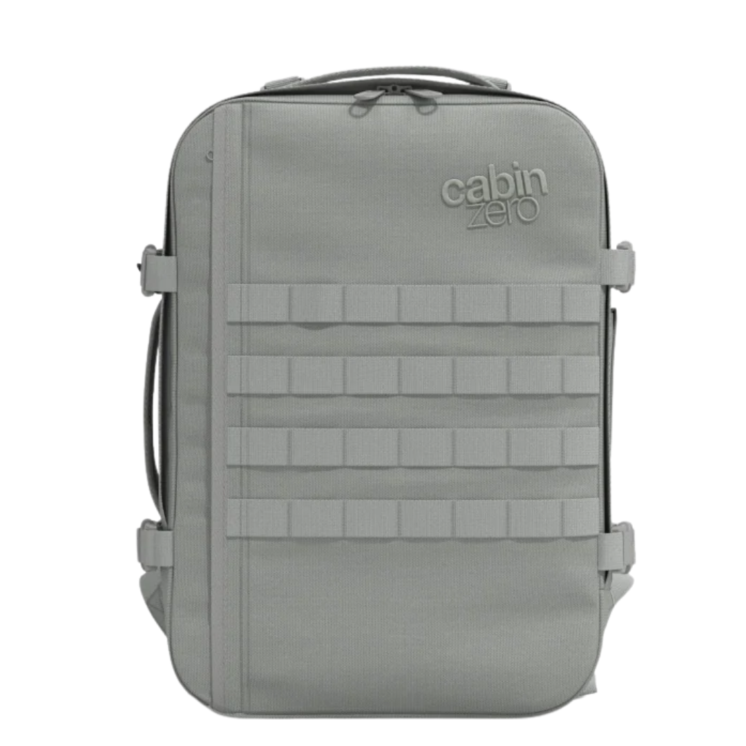 CabinZero Military 36L backpack in Frosty Morning color, water-resistant tactical rucksack with MOLLE webbing, lightweight, spacious carry-on cabin bag designed for adventure and travel