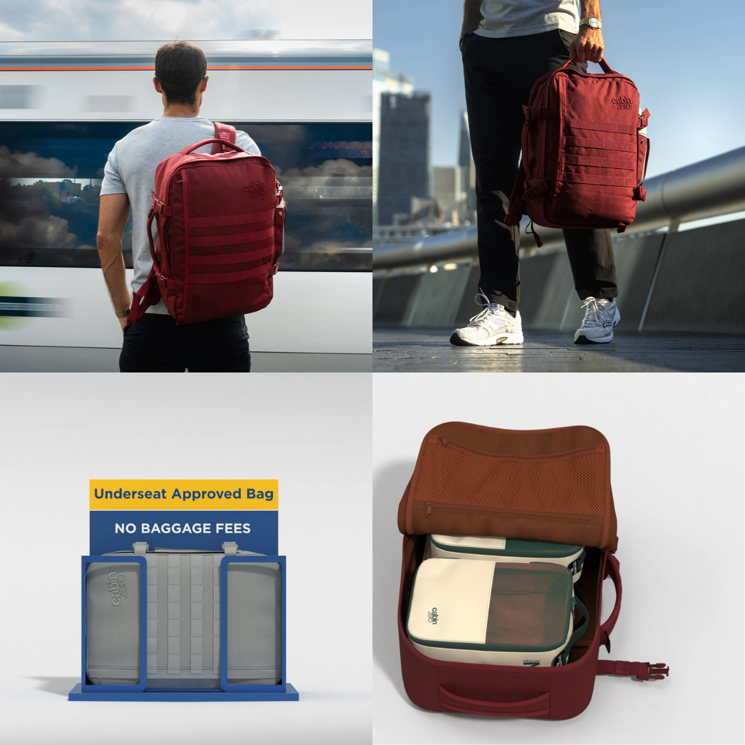 CabinZero Military 36L backpack in Marrakech color, shown in travel scenarios, underseat airline size check, and open for organized packing with cubes, tactical water-resistant carry-on perfect for urban and adventure travelers