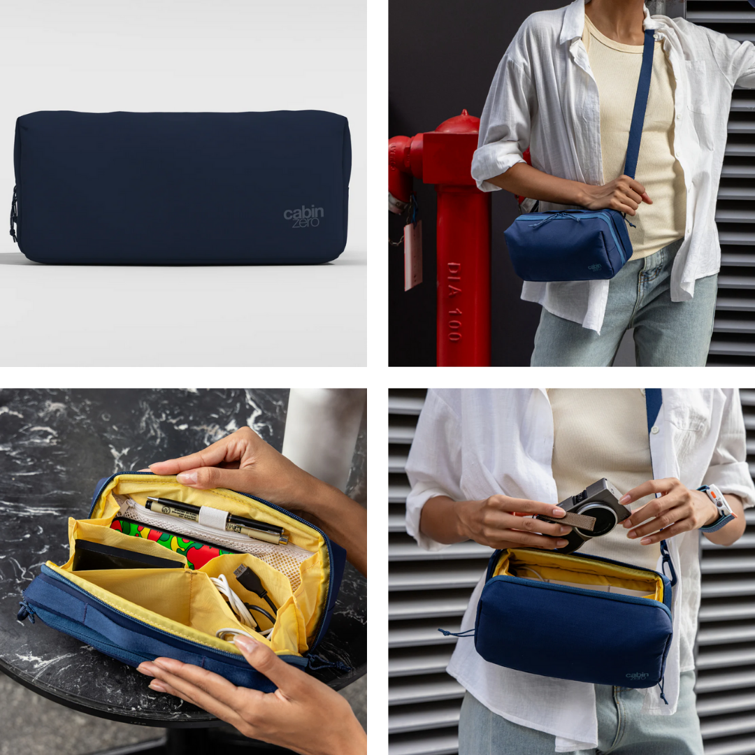 Collage of four images featuring a navy blue CabinZero pouch: top left shows the pouch on a plain background, top right displays a person wearing the pouch crossbody, bottom left reveals the organized yellow interior with various items, and bottom right shows a person holding and opening the pouch