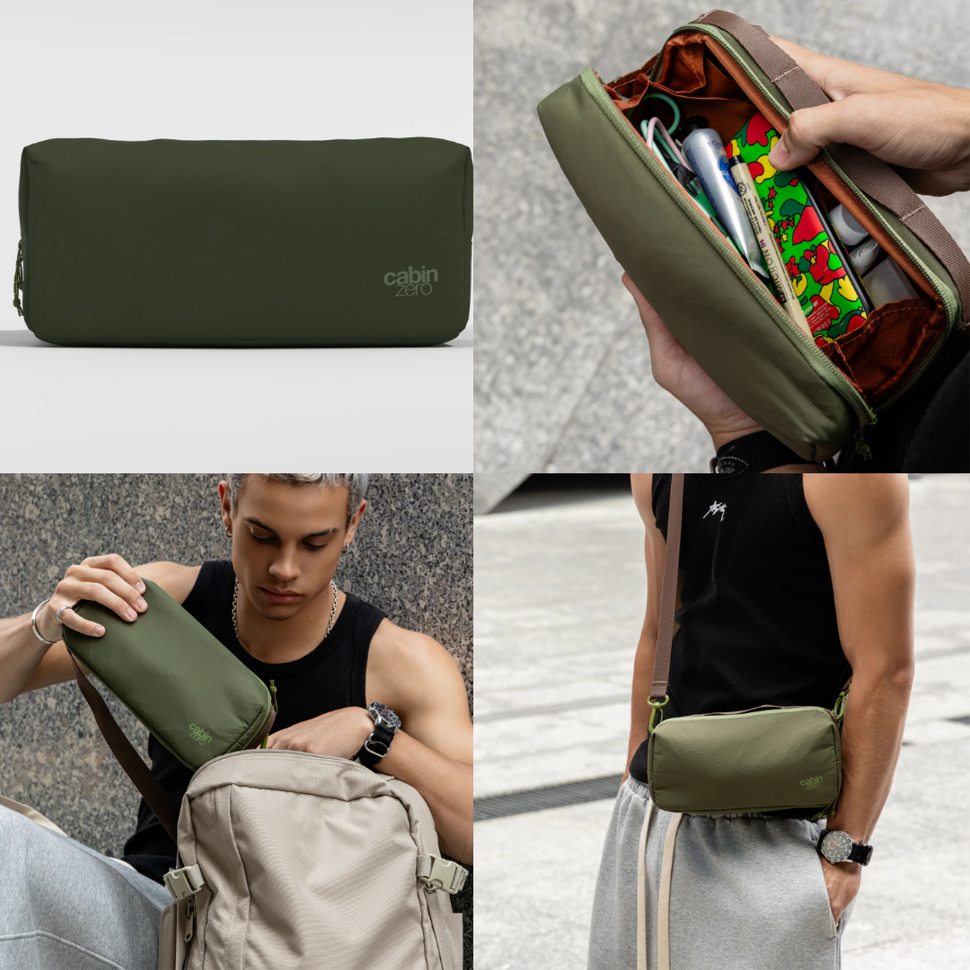 Collage of four images featuring an olive green CabinZero pouch: top left shows the pouch on a plain background, top right displays the pouch open with various items organized inside, bottom left shows a person taking the pouch out of a beige backpack, and bottom right features the pouch worn crossbody with a brown strap.