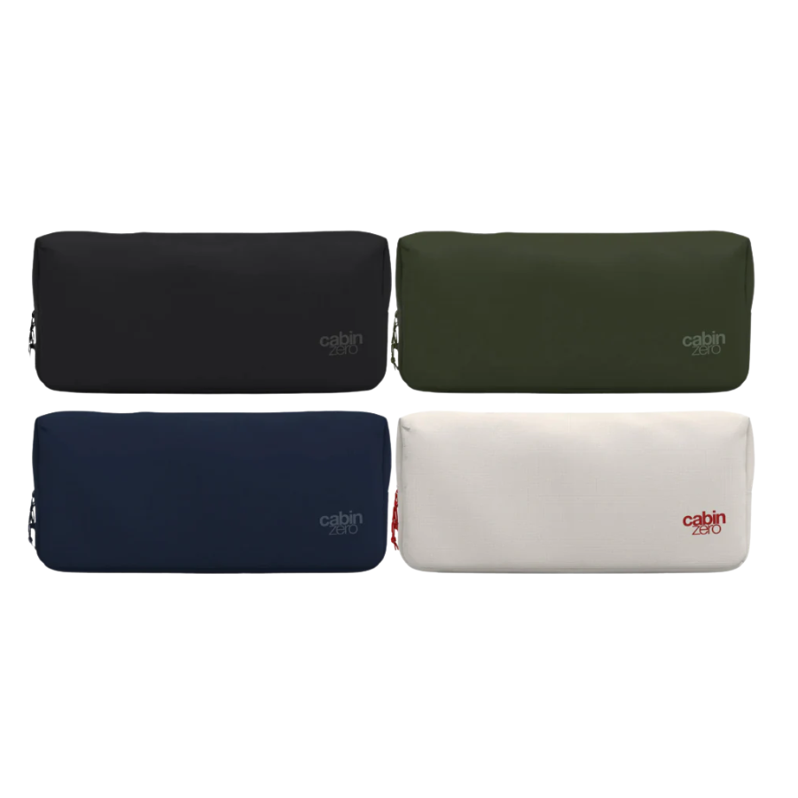 Four rectangular CabinZero travel pouches in different colors (black, olive green, navy blue, and off-white) arranged in a two-by-two grid on a white background. Each pouch features a small "cabin zero" logo in the lower right corner