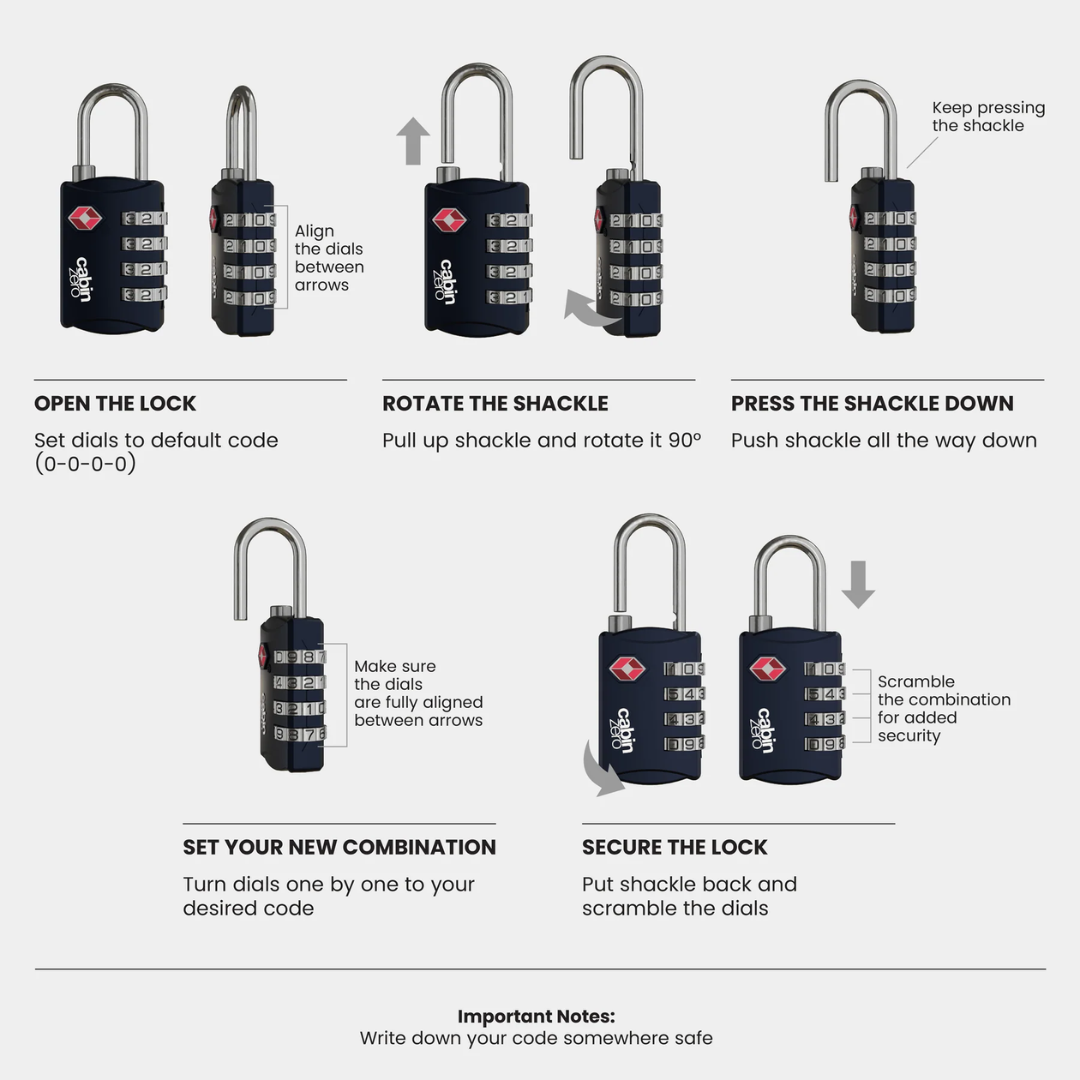 Step-by-step guide for setting a combination on CabinZero TSA 4-digit luggage lock, including instructions to open, reset, and secure the lock.