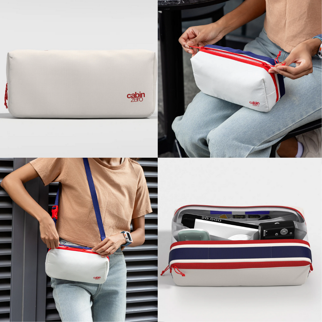 Collage of four images featuring a white CabinZero pouch with red zipper and blue strap: top left shows the pouch on a plain background, top right displays a person unzipping the pouch while seated, bottom left shows the pouch worn crossbody by a person in a tan shirt, and bottom right reveals the pouch open with various travel items organized inside