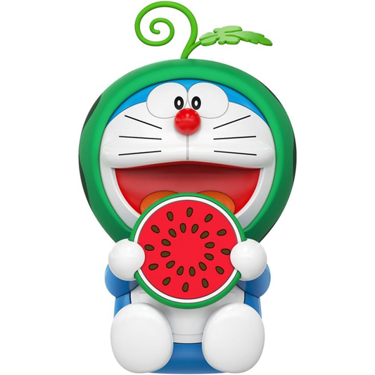 Doraemon Fruit Aromatherapy diffuser in the shape of a smiling Doraemon character with a green watermelon hood and leaf, holding a round watermelon slice, isolated on a white background.