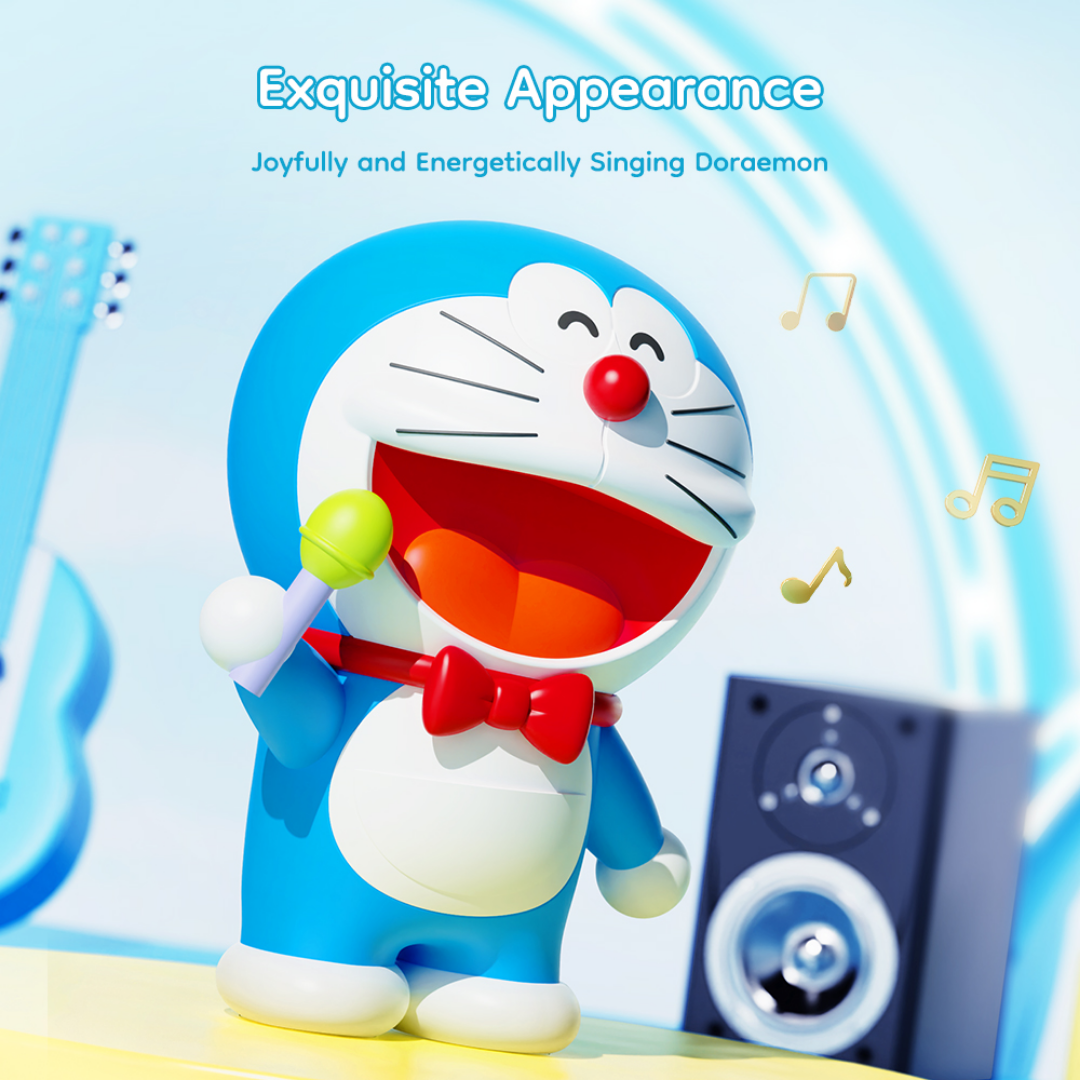 Doraemon Mic King Bluetooth Speaker with a red bow tie and green microphone, joyfully singing on a colorful stage with musical notes, blue guitar, and speaker in the background