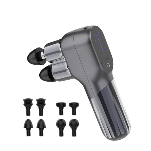 Dual-head electric massage gun with digital display and power button, shown with eight interchangeable black massage heads for deep tissue muscle relief, isolated on a white background