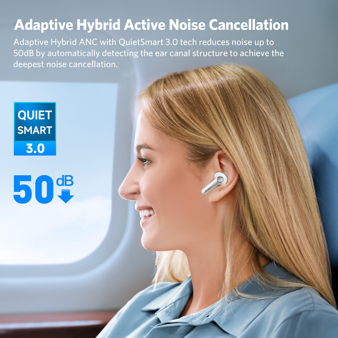 Woman wearing white EarFun Air Pro 4 wireless earbud while seated in an airplane, with overlay text describing adaptive hybrid active noise cancellation and QuietSmart 3.0 technology reducing noise by up to 50 dB.