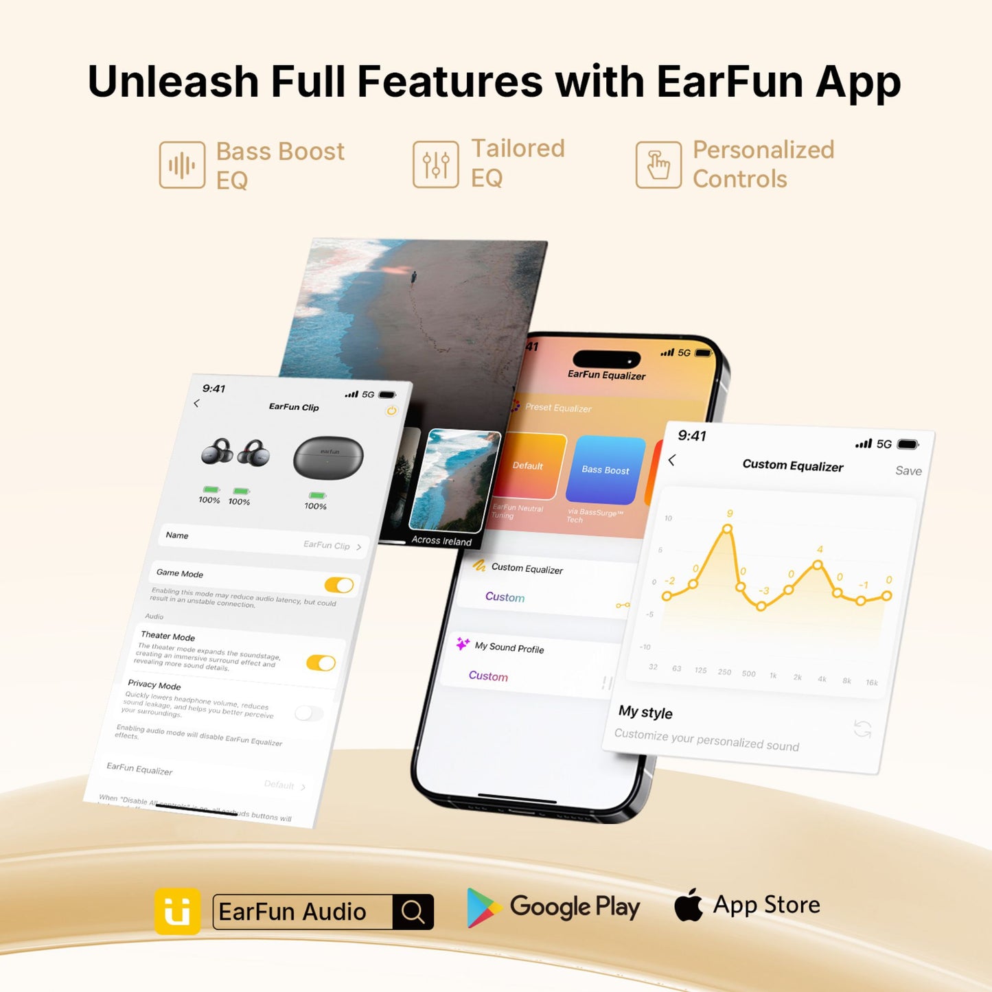 EarFun Clip LDAC Bluetooth Earbuds EarFun Audio app on smartphone, displaying EQ settings, bass boost, and personalized controls for Android and iOS