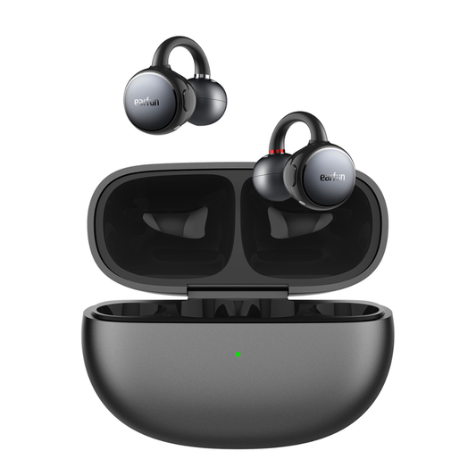 EarFun Clip LDAC Bluetooth Earbuds in black with open charging case, featuring ergonomic secure fit design