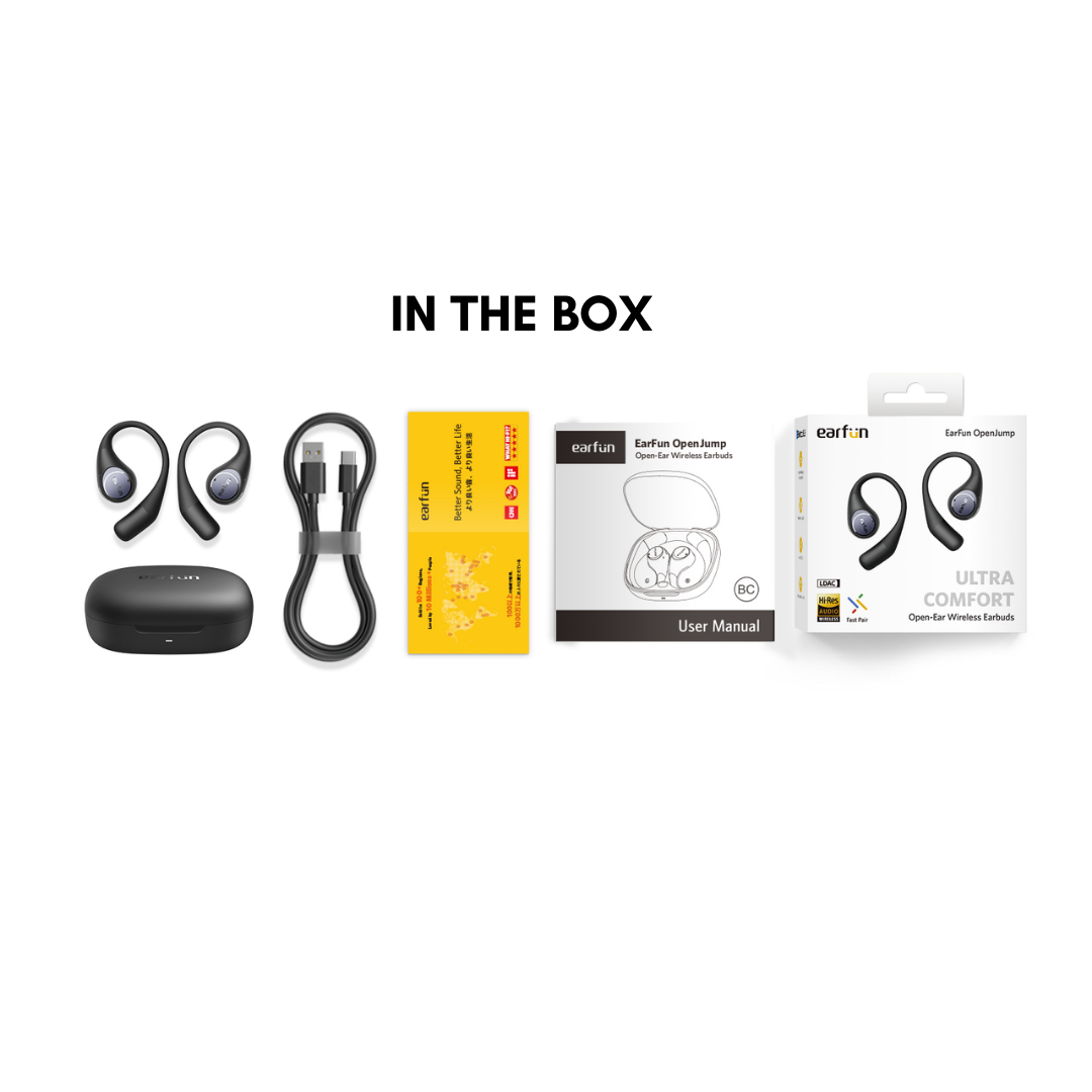 EarFun OpenJump open-ear wireless earbuds package contents including earbuds, charging case, USB-C charging cable, warranty card, user manual, and retail box, displayed in a row.