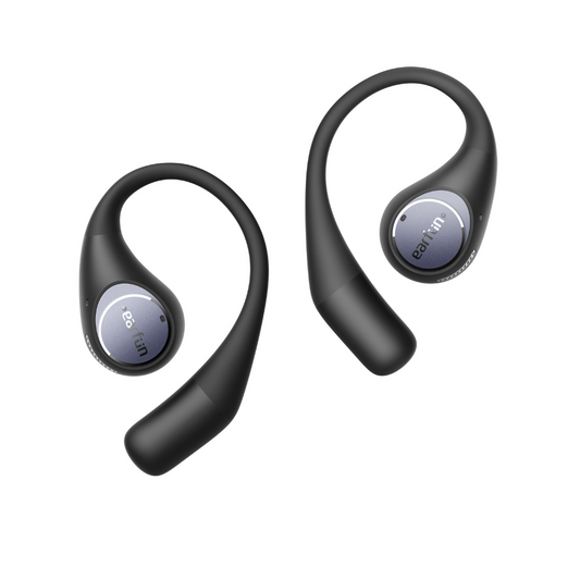 EarFun OpenJump open-ear wireless earbuds in black with flexible ear hooks and BassSurge™ technology, designed for comfortable all-day wear and immersive sound.
