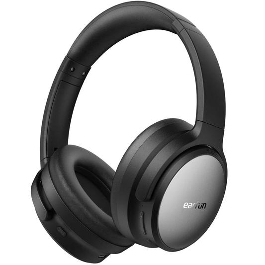 Black EarFun Tune Pro over-ear wireless headphones with cushioned ear cups and a metallic finish, shown on a white background.