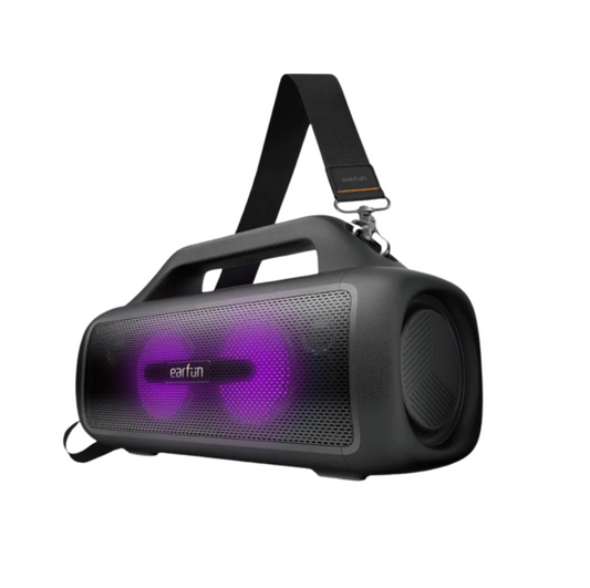 EarFun UBOOM X portable Bluetooth speaker with carry handle and strap, featuring purple RGB lights and durable black waterproof design for outdoor use.