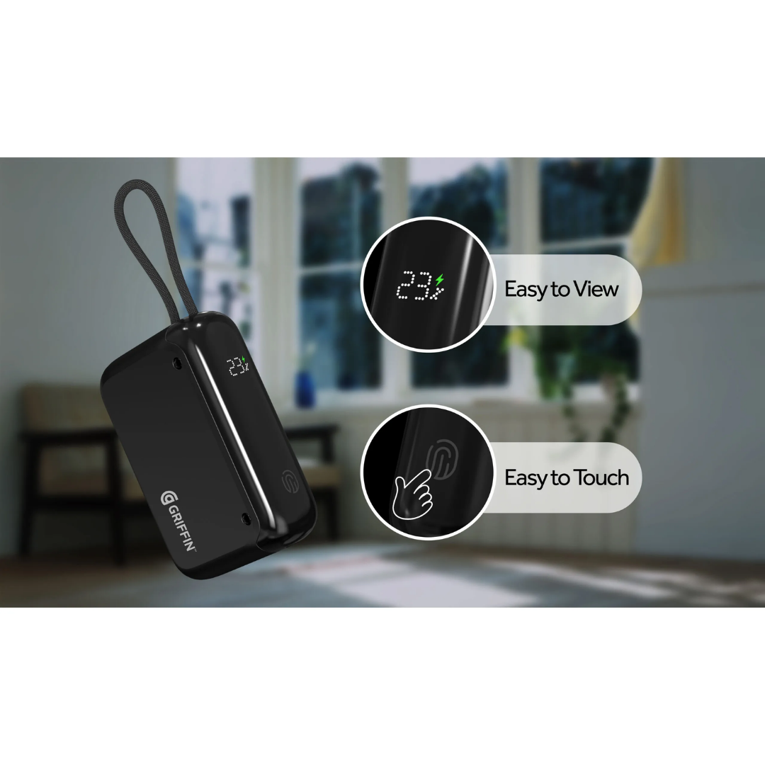 Griffin 10,000mAh compact power bank with digital battery display and touch control interface, featuring integrated lanyard for easy carrying and convenient charging on the go.