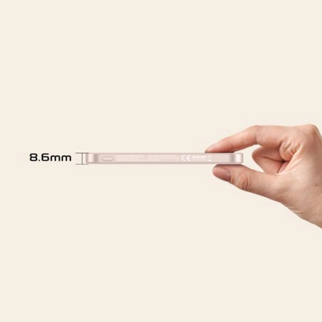 Side view of Griffin 5,000mAh ultra-slim pink power bank measuring just 8.6mm thick, highlighting its portable and compact design for convenient device charging on the go.