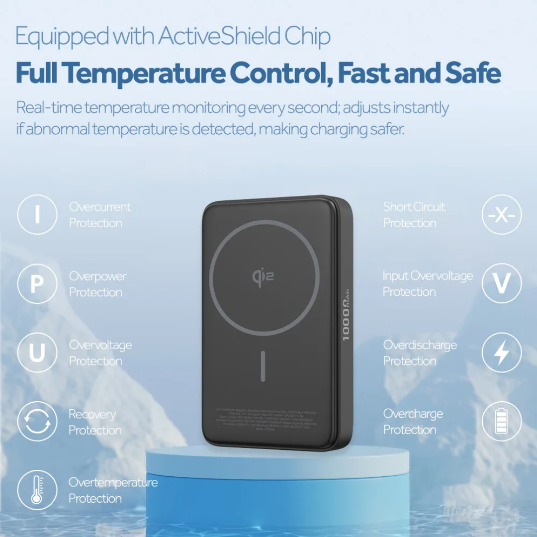 Griffin MagSafe power bank with ActiveShield chip, showing full temperature control, real-time monitoring, and advanced charging protection features, 2025 model.