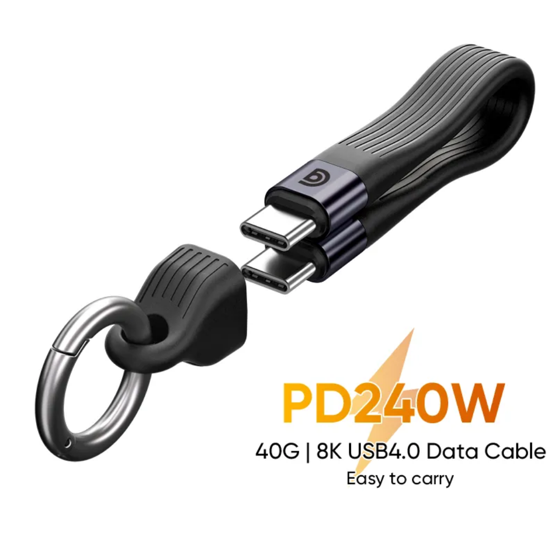 Griffin PowerFlex USB 4.0 Thunderbolt 4 keychain cable in black, featuring USB-C connectors, 240W power delivery, 40Gbps data transfer, and a compact, portable design ideal for fast charging and high-speed data needs.