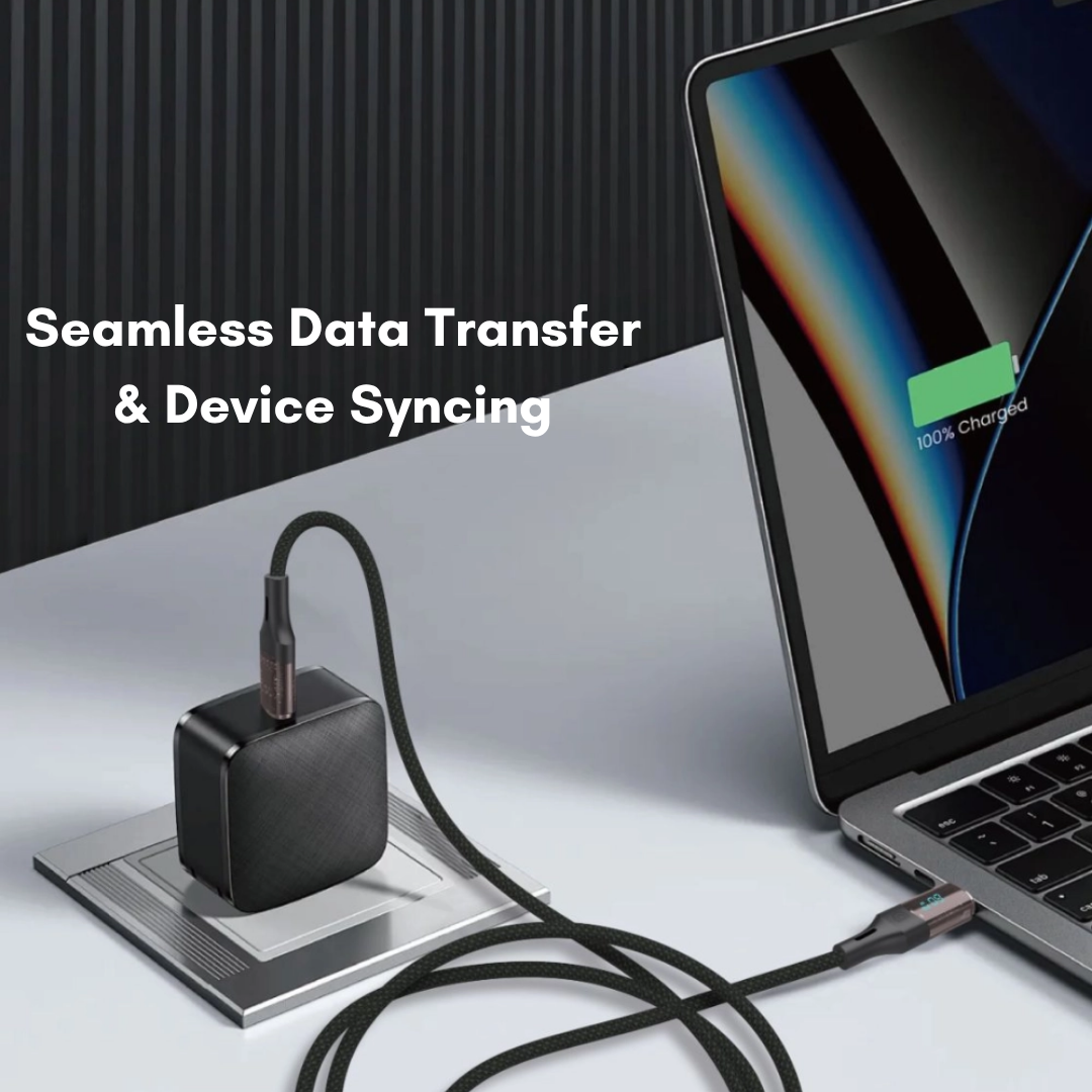 Griffin USB-C cable connecting a laptop and power adapter for seamless data transfer and device syncing, showing 100% charged battery and durable braided cable