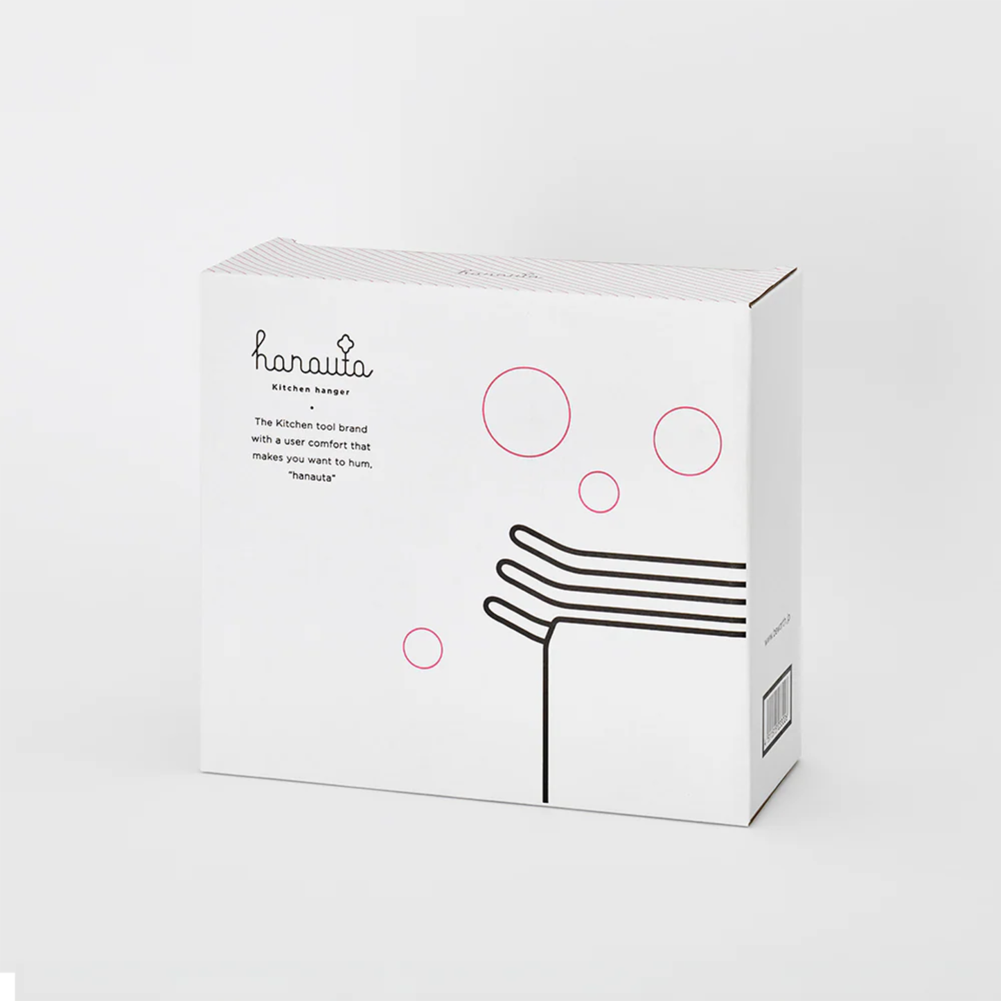 Hanauta Kitchen Rack Hanger packaging box with minimalist design, highlighting stainless steel space-saving kitchen organiser for drying towels and glasses.