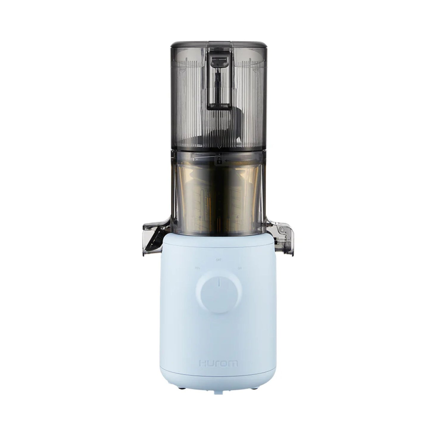 Hurom H310A Slow Juicer light blue compact model, modern BPA-free juicer with intuitive dial, direct front view