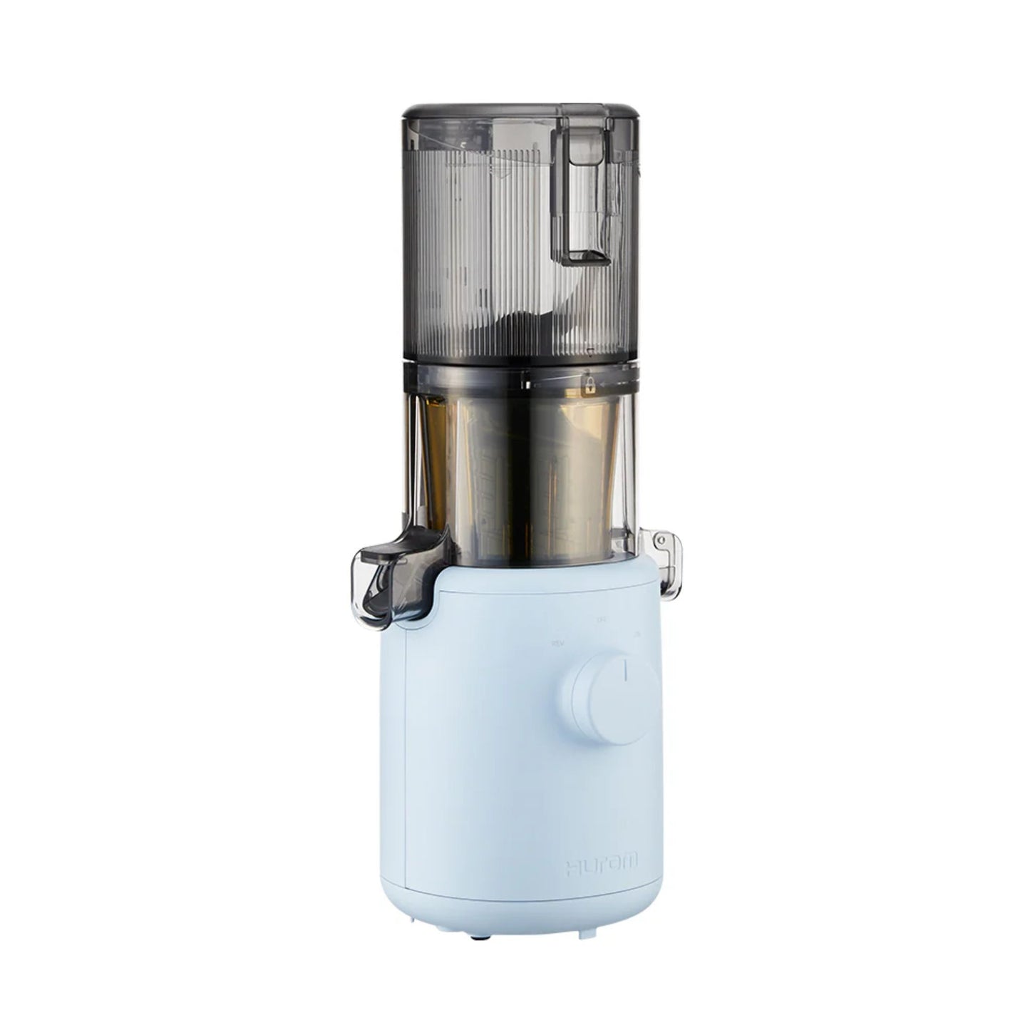 Hurom H310A Slow Juicer light blue compact model, BPA-free juicer with intuitive dial, right side product view