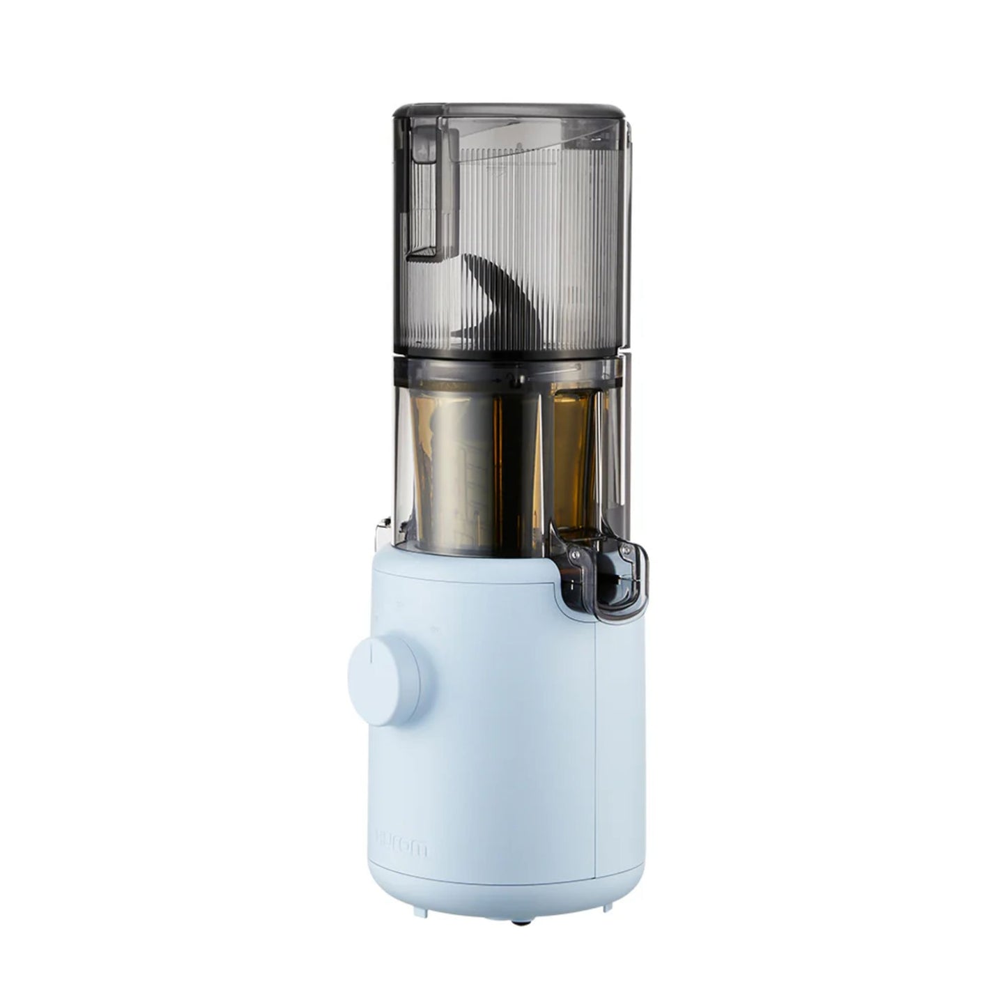 Hurom H310A Slow Juicer sky blue compact model, BPA-free juicer with intuitive dial, left side product view