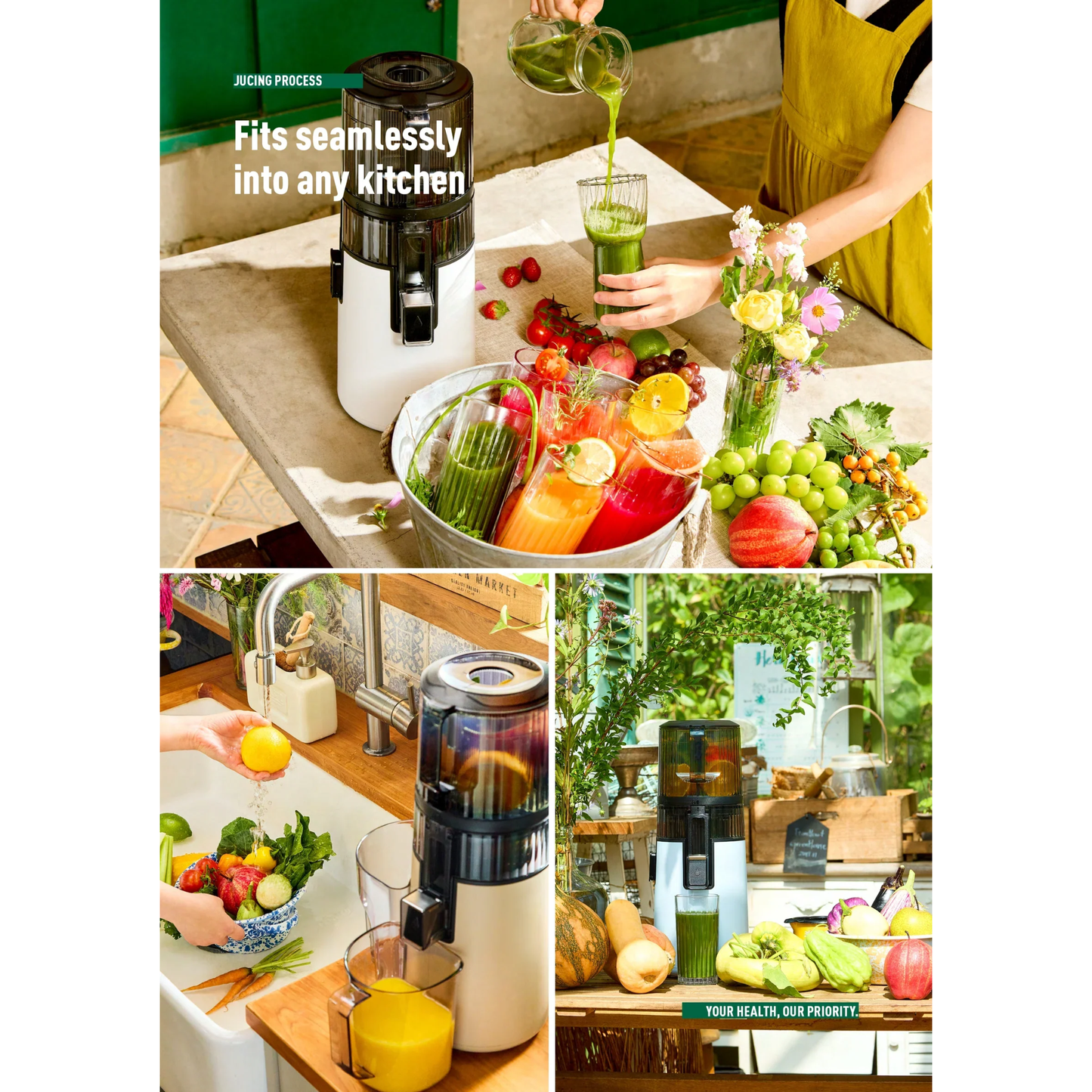 Hurom H410 Easy Series slow juicer in bright kitchen scenes, pouring fresh green juice and displayed with colourful fruit juices and produce, fitting seamlessly into any kitchen.