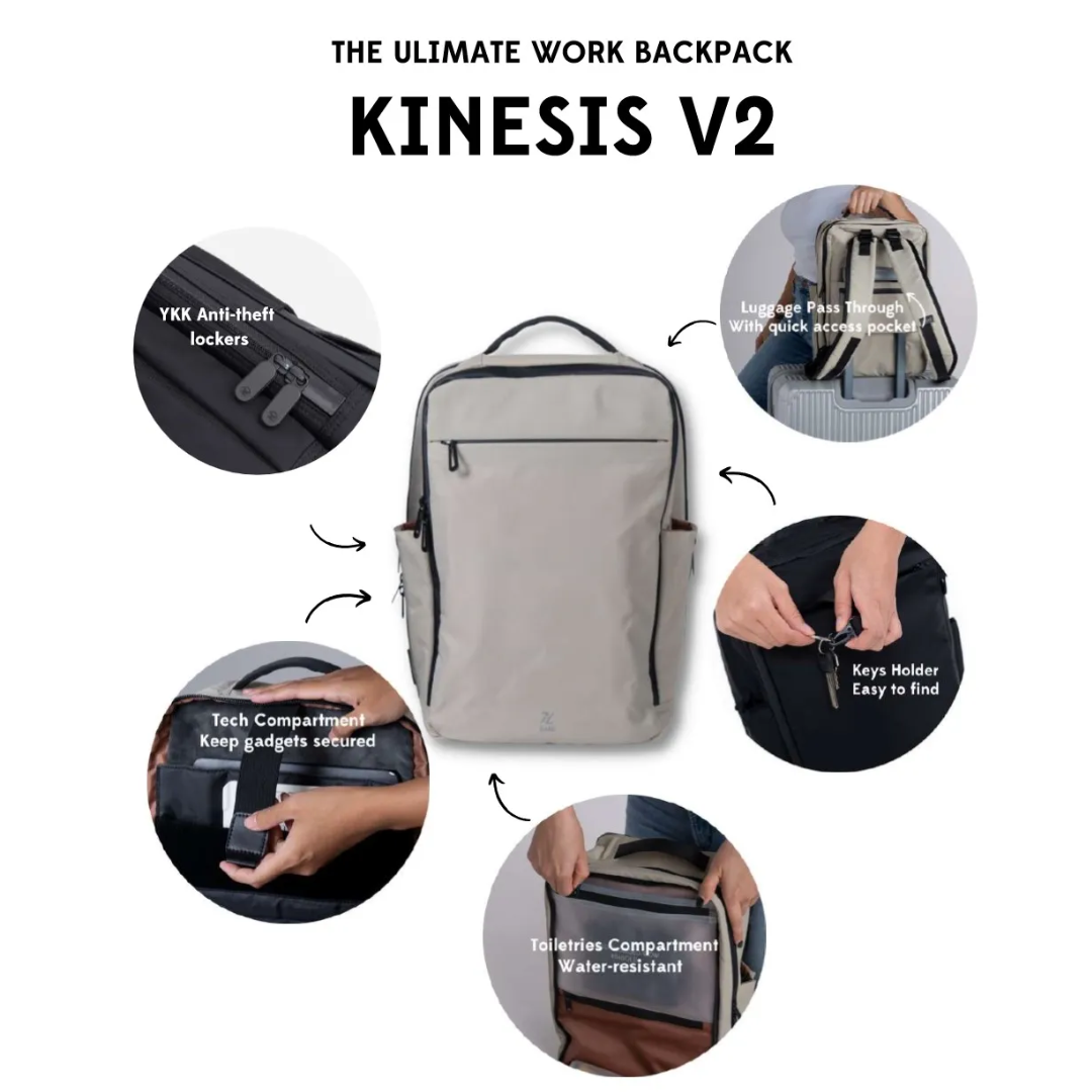 Kinesis V2 ultimate work backpack in grey with YKK anti-theft zippers, luggage pass-through, tech compartment, water-resistant toiletries pocket, and key holder features displayed