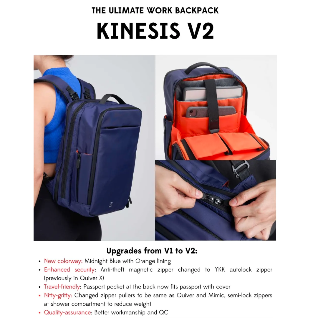 Kinesis V2 midnight blue work backpack with orange lining, shown worn on a woman’s back, featuring organized tech compartments and anti-theft YKK zipper details.