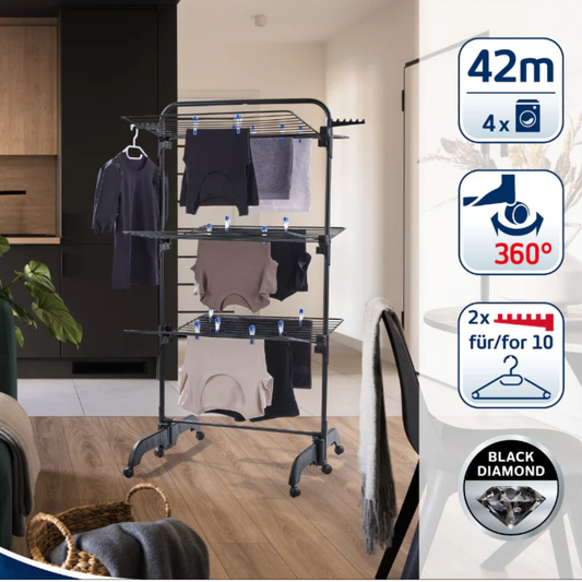 Leifheit Comfort Tower 420 Black three-tier laundry drying rack with clothes hanging indoors, 42 m drying length and 360 degree rolling wheels