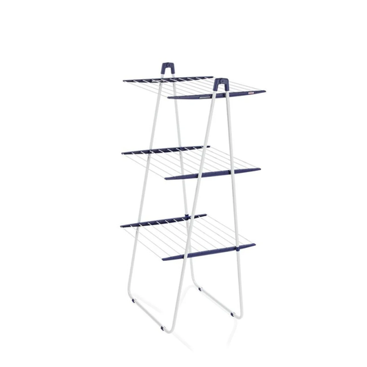 Leifheit Pegasus Tower 190 three-tier vertical clothes drying rack with foldable space-saving design for indoor laundry.