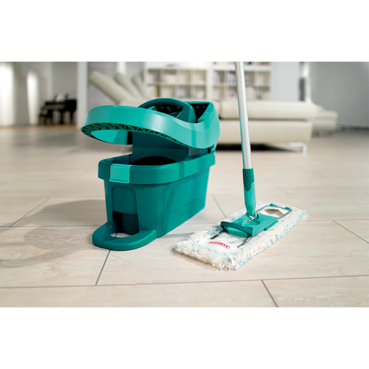 Leifheit Profi System Mop and 8L bucket with built-in press on a tiled living room floor.