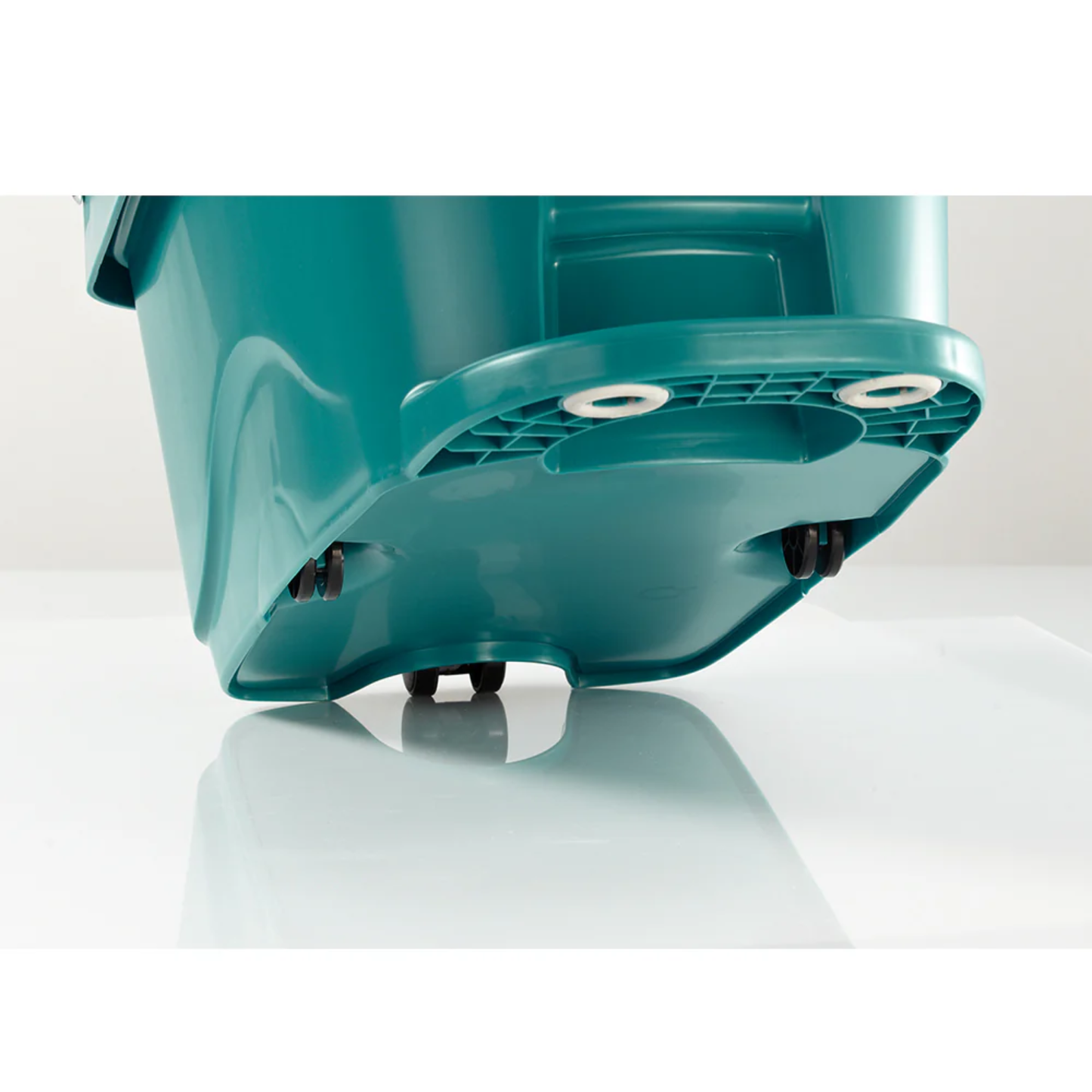 Close-up of Leifheit Profi System mop bucket underside showing smooth rolling castor wheels for easy movement